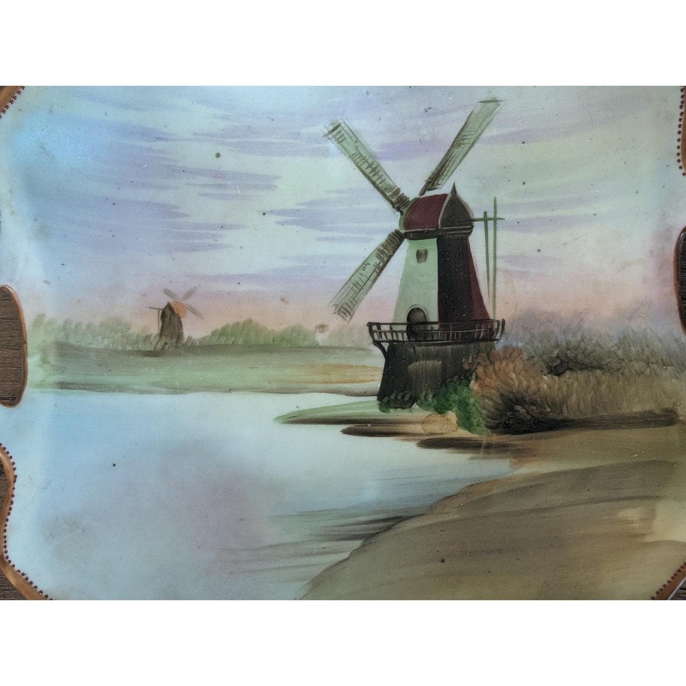 Antique Nippon Hand Painted Windmill Scenic Tray Handled Dish - Picture 3 of 12